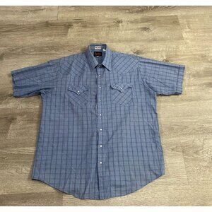 Plains Western Wear Pearl Snap Men's Size XLT Large Tall Blue Plaid Short Sleeve